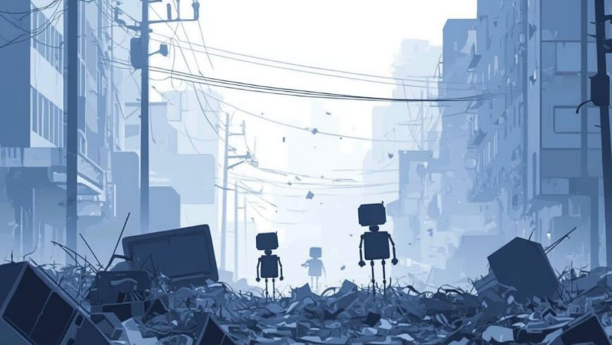 Imagen de unos robots en un escenario apocalíptico causado por la IA