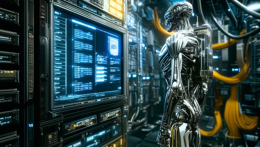 Imagen de un robot en un centro de control llevando a cabo tareas que conllevan la extinción humana