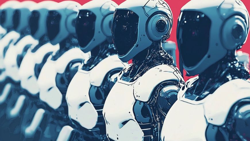 Fila de agentes autónomos humanoides con armaduras blancas, alineados frente a un fondo rojo, representando automatización avanzada con inteligencia artificial