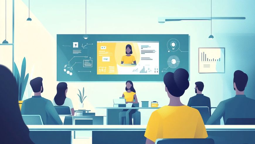 Ilustración vectorial plana de una mujer explicando herramientas de inteligencia artificial a un grupo de profesionales en una sala de reuniones moderna.