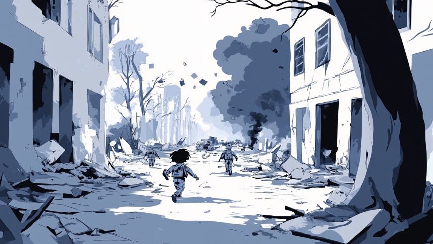 Ilustración creada con inteligencia artificial que muestra una escena de guerra con niños corriendo entre ruinas y edificios destruidos.