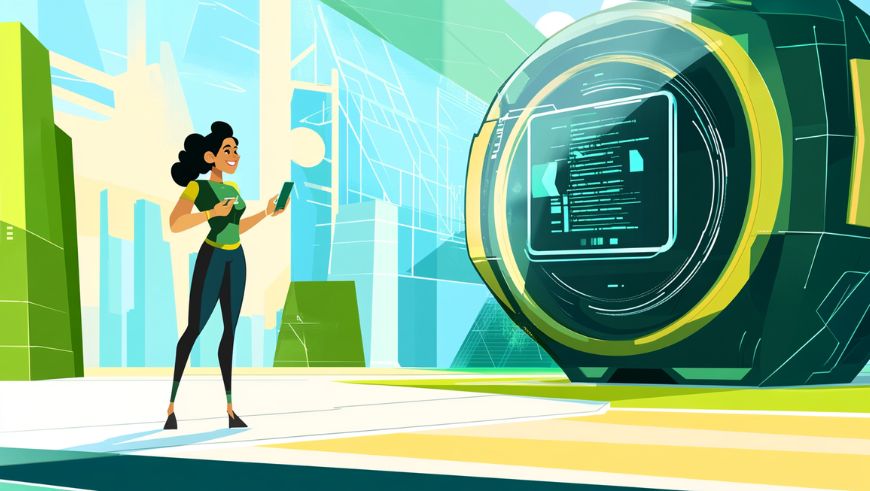 Ilustración futurista de una mujer interactuando con una inteligencia artificial autónoma en un entorno digital, simbolizando el fin de los prompts manuales.