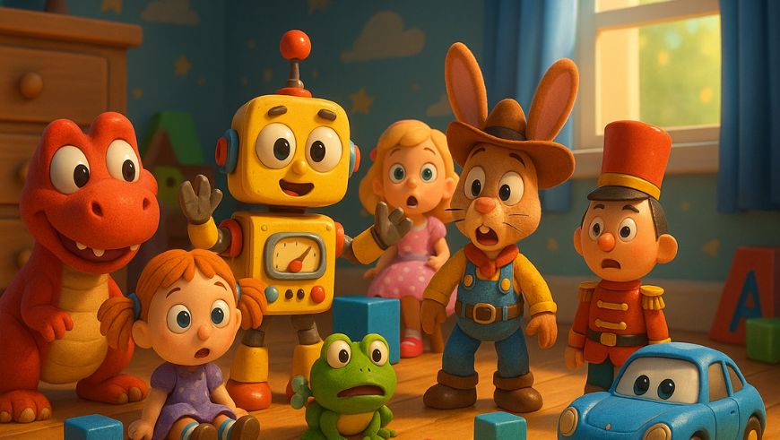 Ilustración estilo Pixar creada con inteligencia artificial, muestra juguetes cobrando vida en una habitación, al estilo Toy Story pero con personajes originales.