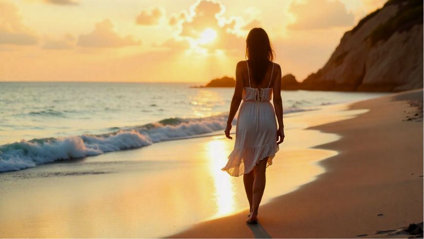 Imagen de una mujer paseando por la playa al atardecer.