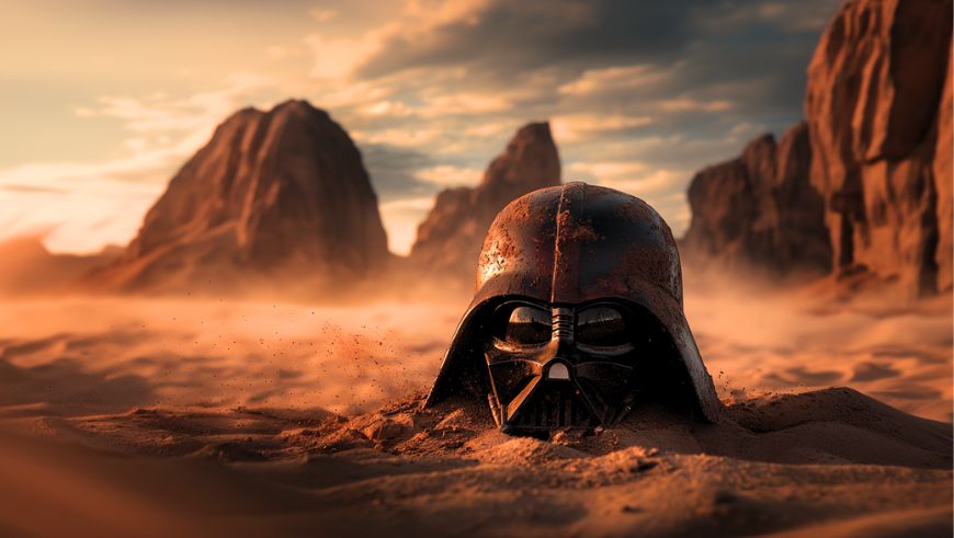 Imagen del casco deteriorado de Darth Vader semienterrado en un desierto al atardecer.