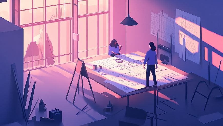 Ilustración vectorial en tonos azules y rosados de dos profesionales revisando planos de construcción sobre una gran mesa en un estudio iluminado por la luz del atardecer, con gráficos técnicos en la pared y herramientas de trabajo alrededor.