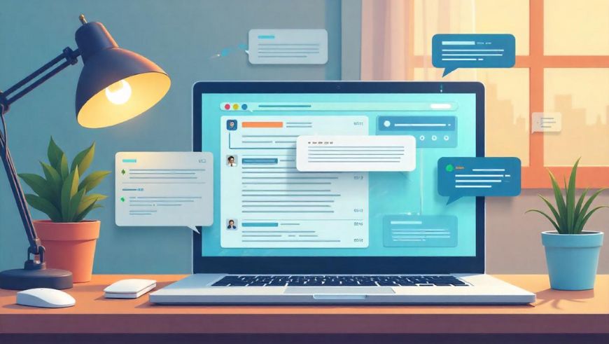 Ilustración de un ordenador portátil mostrando un chatbot activo en la pantalla.