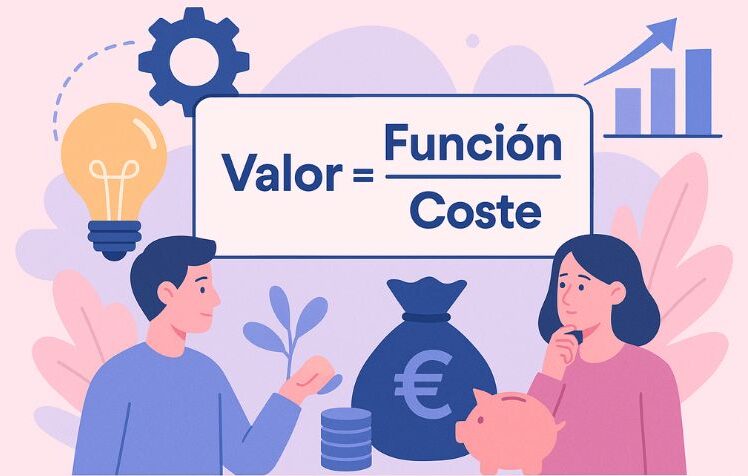 Ilustración vectorial en tonos rosados y azules que representa la fórmula “Valor = Función / Coste”, con dos personajes simbolizando innovación y control de costes mediante una bombilla, una hucha y un saco de dinero, en un entorno de trabajo colaborativo.