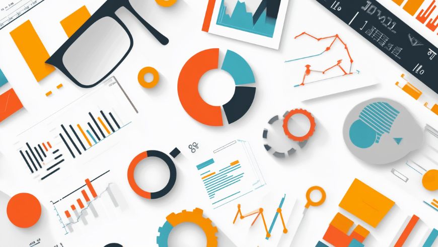 Infografía vectorial con gráficos circulares, de barras y líneas, representando datos y análisis en proyectos de ingeniería civil con enfoque Lean Six Sigma.