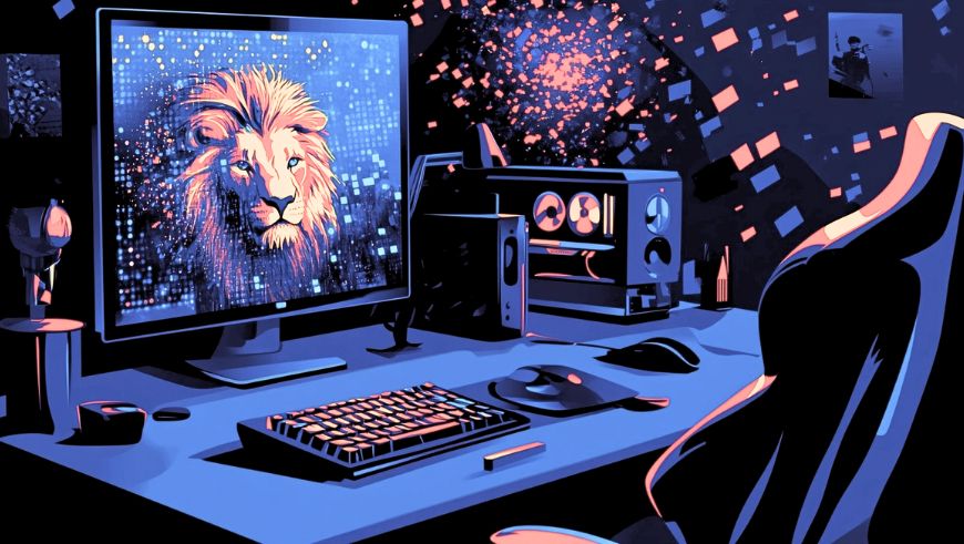 Escritorio de diseño digital con imagen de león generada por inteligencia artificial en pantalla, entorno creativo y futurista.