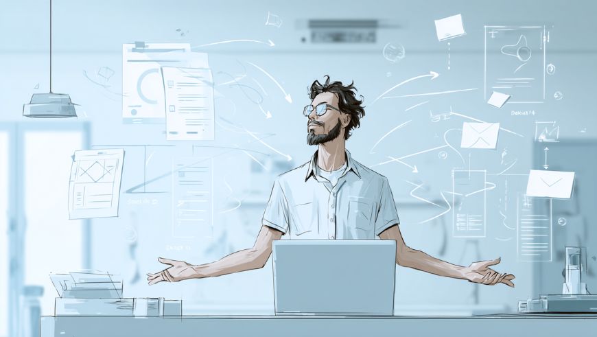 Profesional usando herramientas de inteligencia artificial como ChatGPT y Copilot en un entorno de oficina moderno.