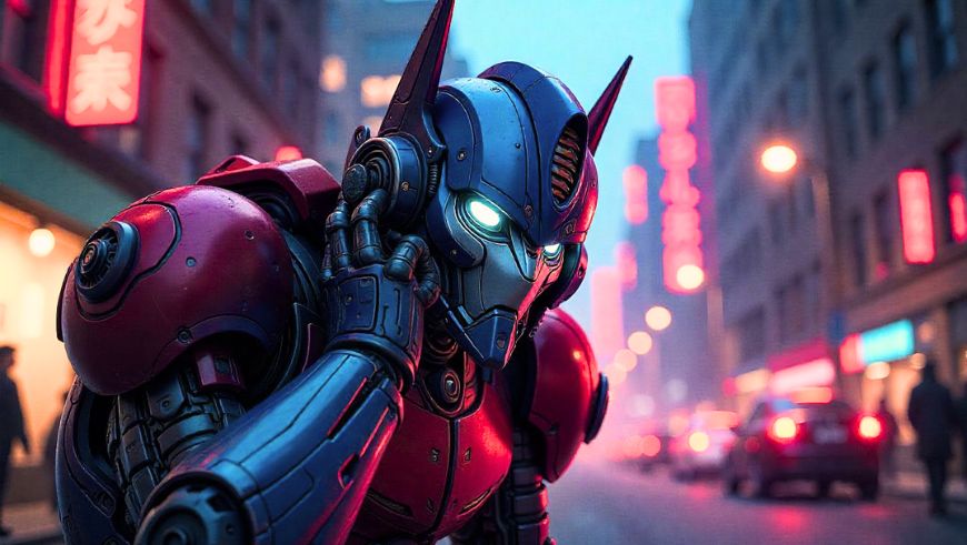Robot estilo transformer agachado y escuchando con atención en una ciudad con luces de neón, en alusión divertida a la inteligencia artificial.