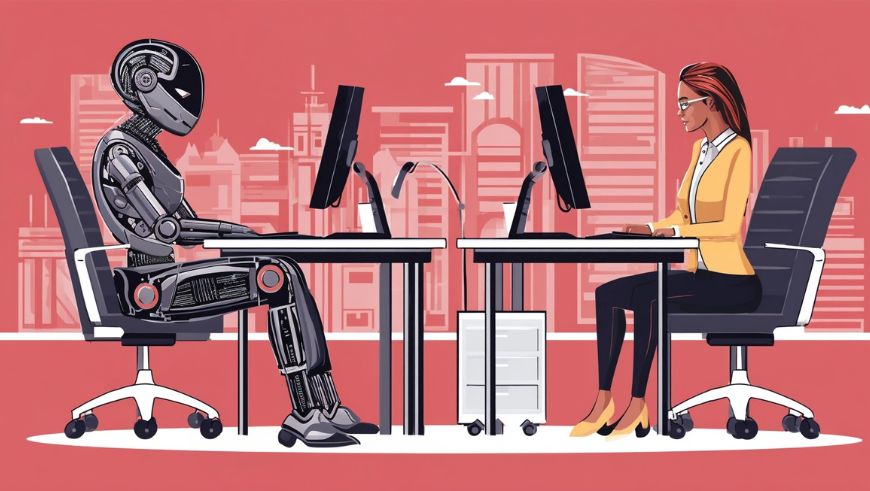 lustración de un robot y una humana frente a ordenadores, representando un escenario moderno del Test de Turing donde la IA y el humano interactúan en igualdad de condiciones.