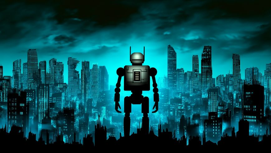 Ilsutración de un robot mirando desde la distancia a una ciudad en decadencia.
