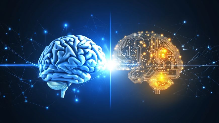 Ilustración de un cerebro humano junto a un cerebro digital.